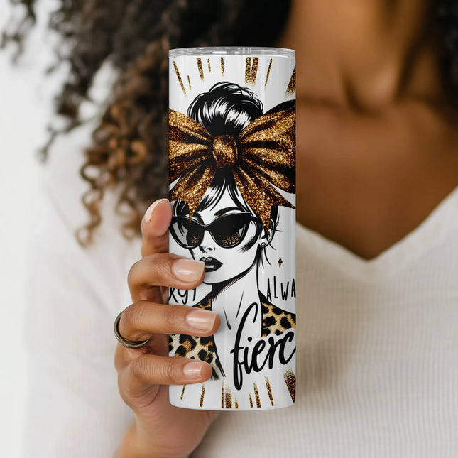 Close-up of oversized glitter bow, leopard-print collar, and bold text on glam tumbler wrap.
