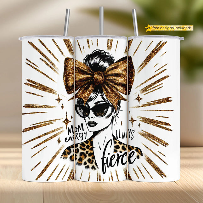 Chic mom tumbler wrap featuring glitter bow, leopard fashion, and sparkling “Mom energy” quote.