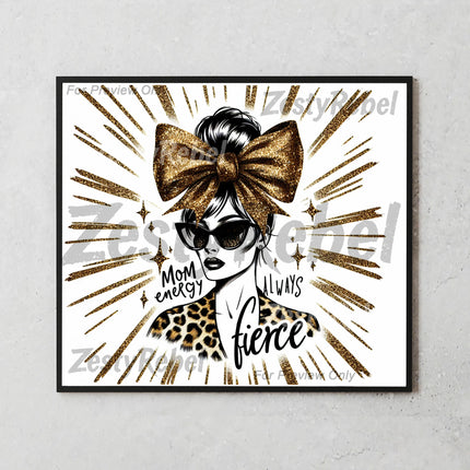 Mockup of 20oz skinny tumbler with fierce fashion mom illustration, sunglasses, and golden glitter accents.