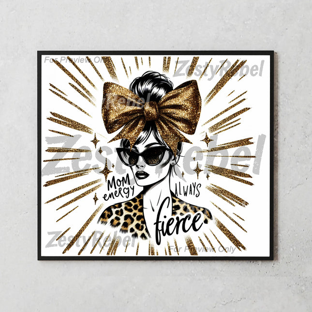 Mockup of 20oz skinny tumbler with fierce fashion mom illustration, sunglasses, and golden glitter accents.