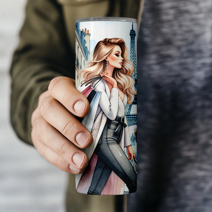 Printable PNG wrap showing fashionable Paris stroll with shopping bags, great for POD and stylish tumbler crafts.