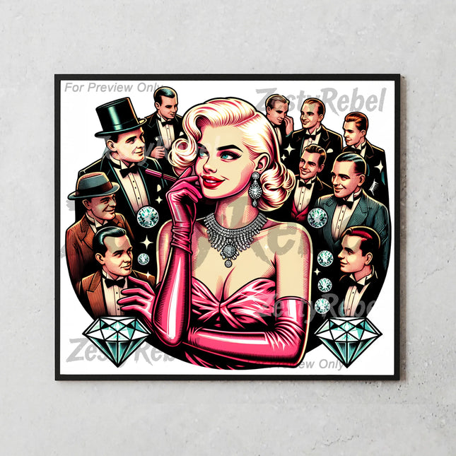 Retro Hollywood beauty surrounded by sparkle – DIY gift sublimation PNG.