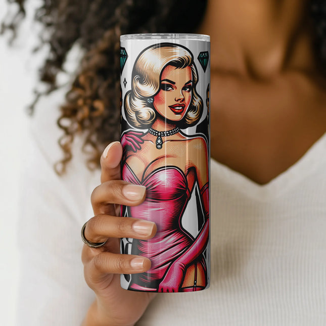 Tumbler sublimation file with bombshell woman in pink and elegant tuxedo men.