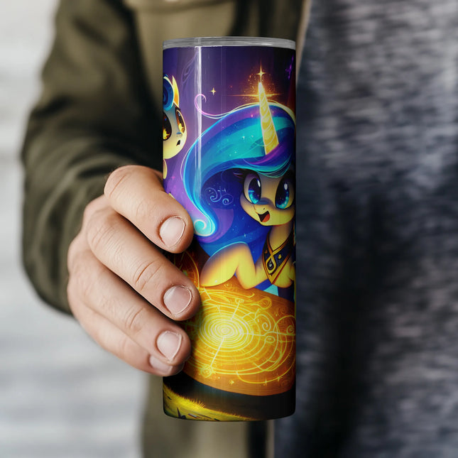 Digital tumbler wrap with glowing golden map and magical unicorn under a full moon.