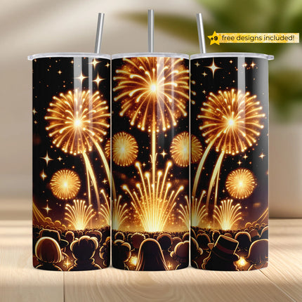 Crowd watching golden fireworks in night sky – celebration wrap design.