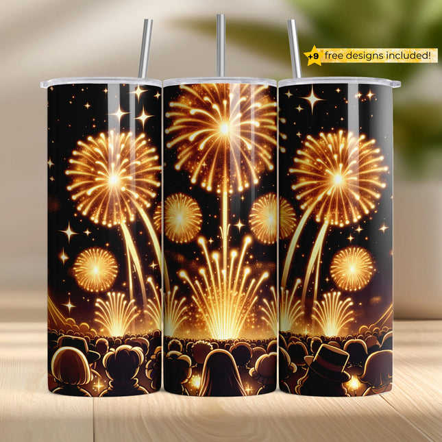 Crowd watching golden fireworks in night sky – celebration wrap design.