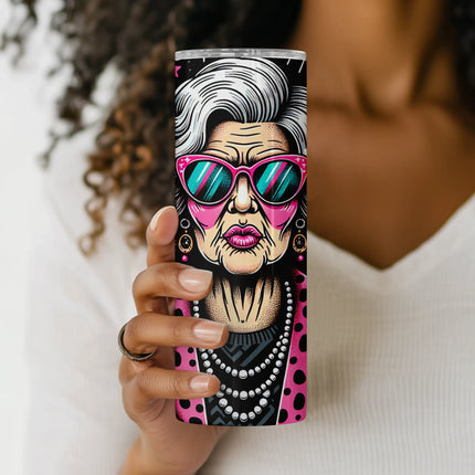 Close-up of the sunglasses, pearls, drink, and hand-illustrated features in this funny grandma sublimation wrap PNG design.