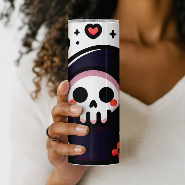 Halloween tumbler wrap featuring a smiling grim reaper with kawaii hearts and flowers, perfect for crafting.