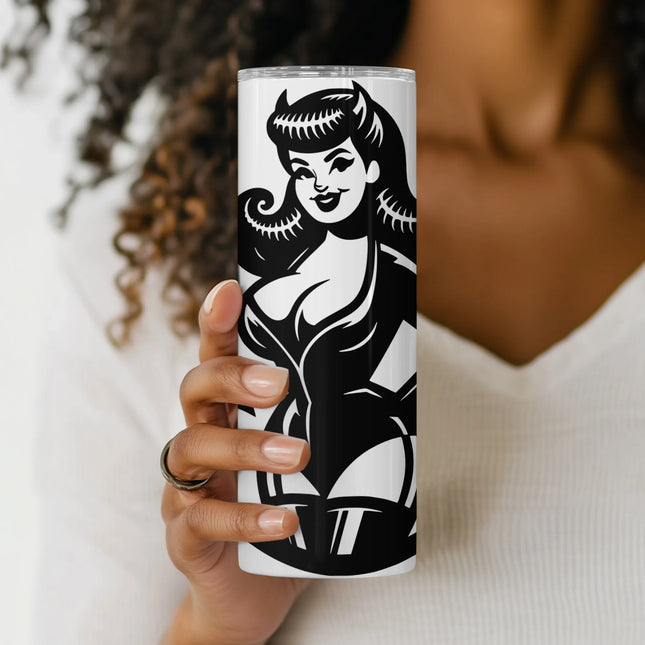 Halloween-ready sublimation tumbler design featuring a seductive devil pin-up in vintage style.