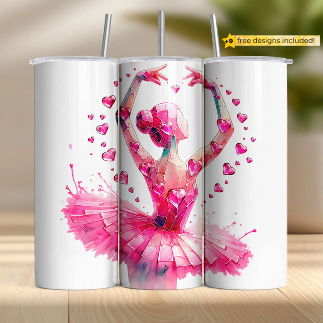 Pink stained-glass ballerina tumbler wrap design with dancing hearts and tutu splash.