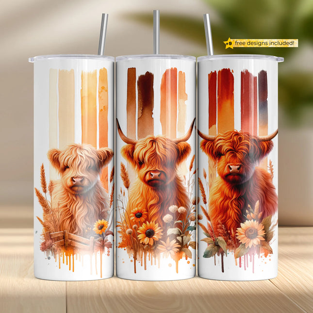 rustic Highland cow and sunflower tumbler wrap design for 20oz skinny tumblers, ideal for DIY fall crafting