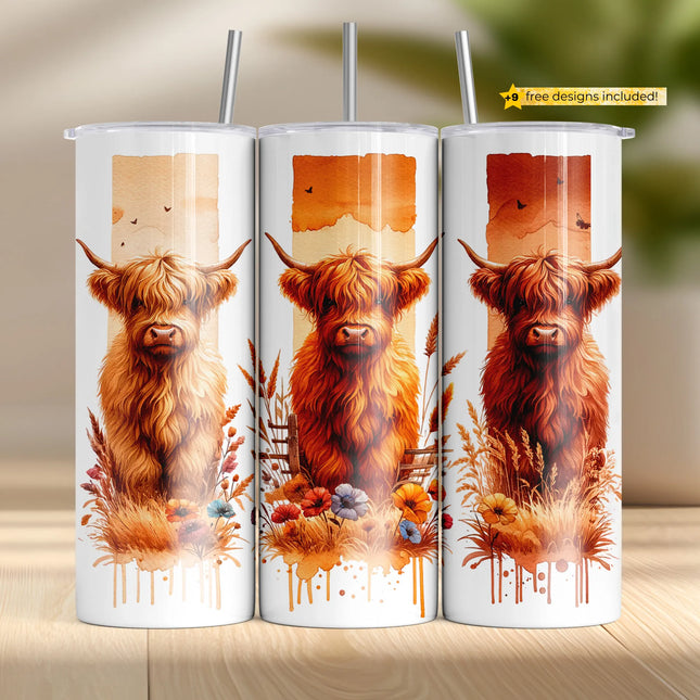 ustic Highland cow tumbler wrap design for sublimation, fall farmhouse watercolor art with wildflowers