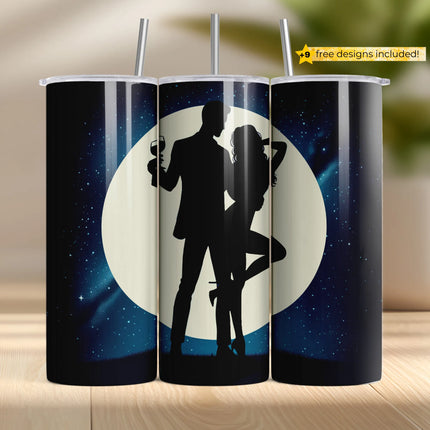 Elegant couple silhouette under moonlight – sublimation PNG wrap for skinny tumblers.