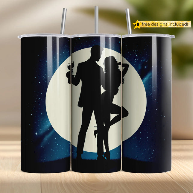 Elegant couple silhouette under moonlight – sublimation PNG wrap for skinny tumblers.