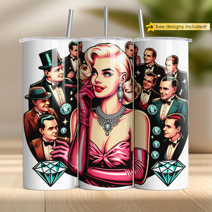Vintage glam diva in pink gloves with diamonds and tuxedoed men – sublimation tumbler wrap.