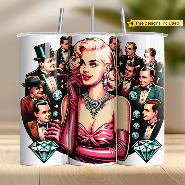 Vintage glam diva in pink gloves with diamonds and tuxedoed men – sublimation tumbler wrap.