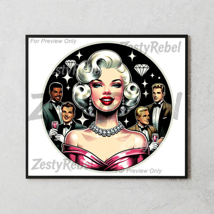 Retro bombshell tumbler wrap with diamonds, men in tuxedos, and bold political style.