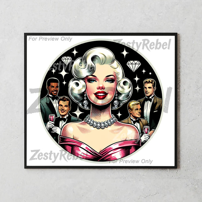 Retro bombshell tumbler wrap with diamonds, men in tuxedos, and bold political style.