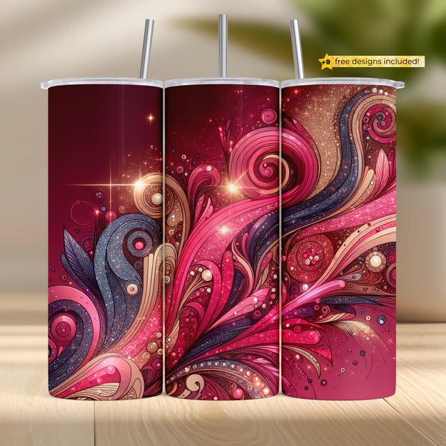 holographic glitter swirl tumbler wrap design for sublimation, pink navy gold sparkle pattern for DIY crafters