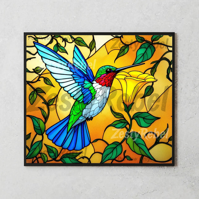 20oz sublimation wrap featuring vivid hummingbird and yellow flower in stained glass style.