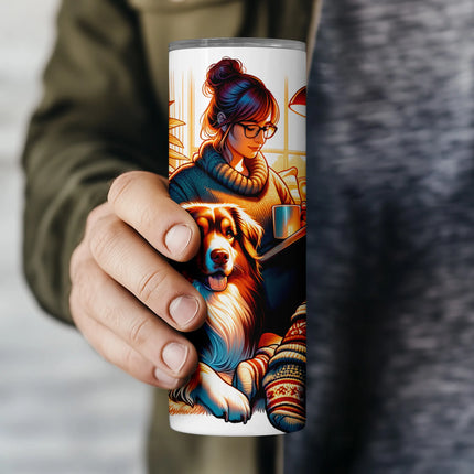 Cozy tumbler wrap PNG design with hygge vibes, perfect for winter crafting and dog-loving readers.