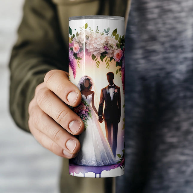 High-resolution tumbler PNG for DIY and POD featuring wedding couple and lush romantic blooms.
