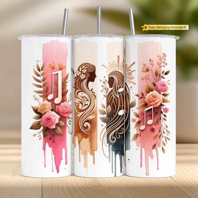 Pastel tumbler wrap with “Inhale Courage, Exhale Fear” quote and musical notes, perfect for sublimation crafting.