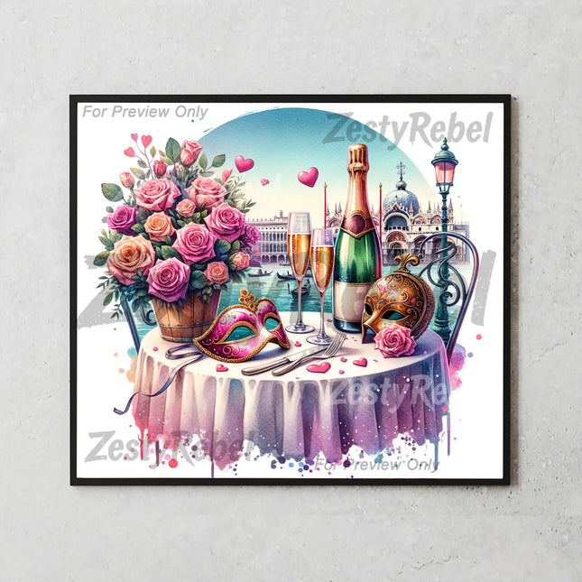 20oz sublimation tumbler design with gold masks, wine glasses, and floral bouquet – inspired by Venice romance.