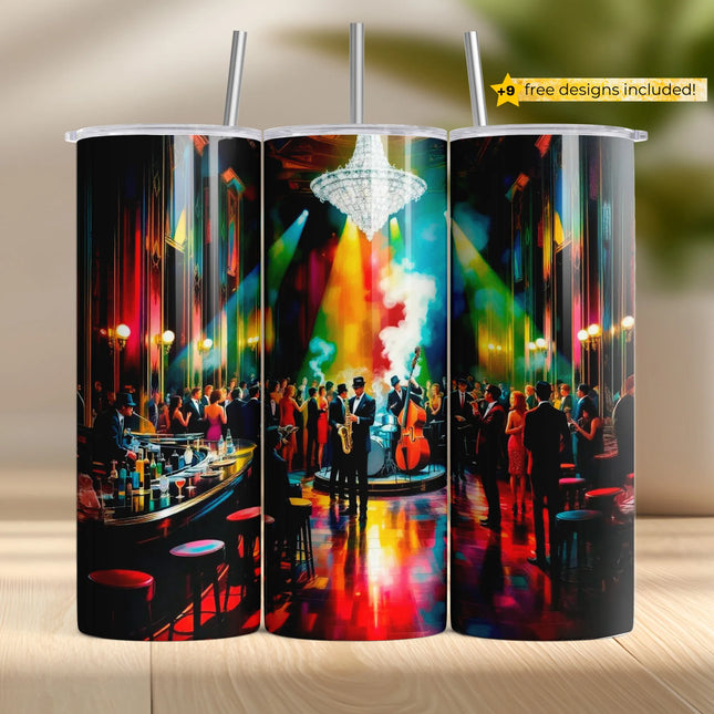 Buy tumbler png for sublimation – vintage jazz club wrap with musicians and colorful lights