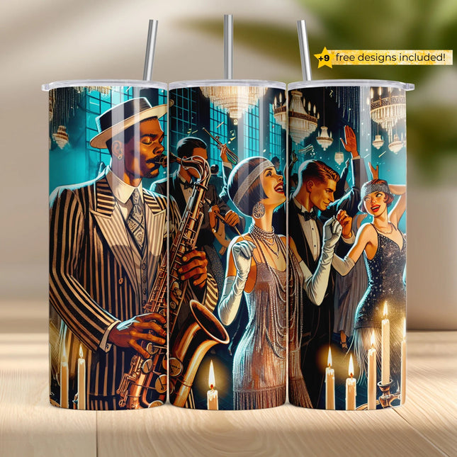 Buy tumbler png for sublimation – roaring 20s jazz party wrap with saxophone and flapper dancers