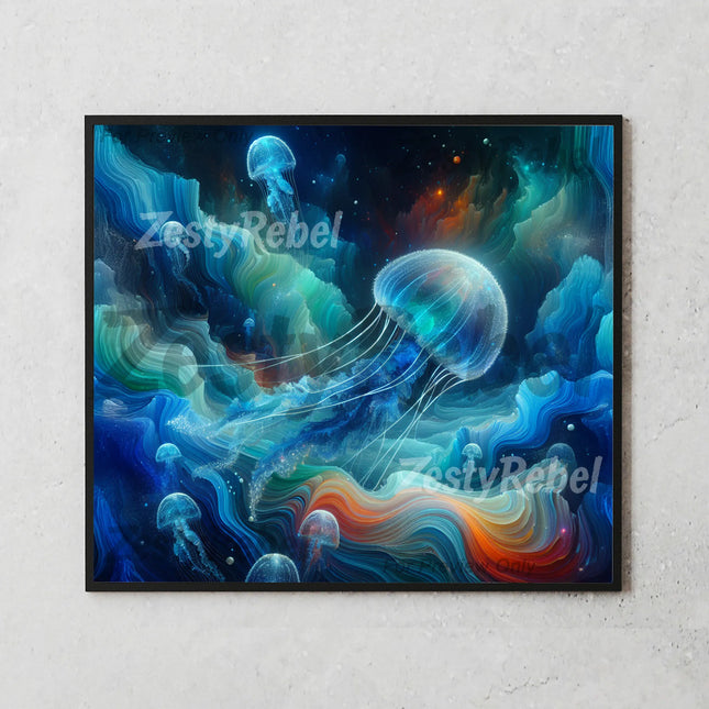 Mockup of 20oz skinny tumbler featuring luminous jellyfish and flowing aquatic patterns in cosmic blues.