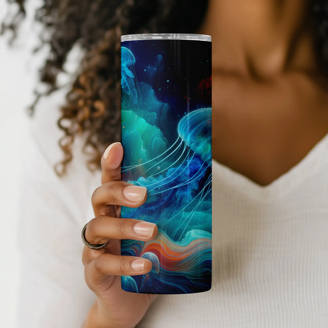 Close-up of glowing jellyfish tentacles and deep sea-inspired textures in ocean-themed sublimation design.