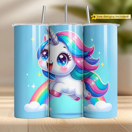 Buy unicorn tumbler png for sublimation – cute jumping rainbow design with pastel sparkles