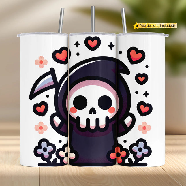 Cute grim reaper tumbler wrap PNG with pastel flowers and hearts for Halloween sublimation crafts.