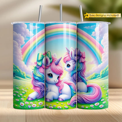 Two cute unicorns with bows and rainbow manes in a pastel daisy meadow – tumbler wrap PNG.