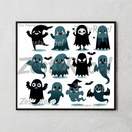 Printable PNG wrap featuring happy, shy, and mischievous ghosts – perfect for Halloween tumblers.