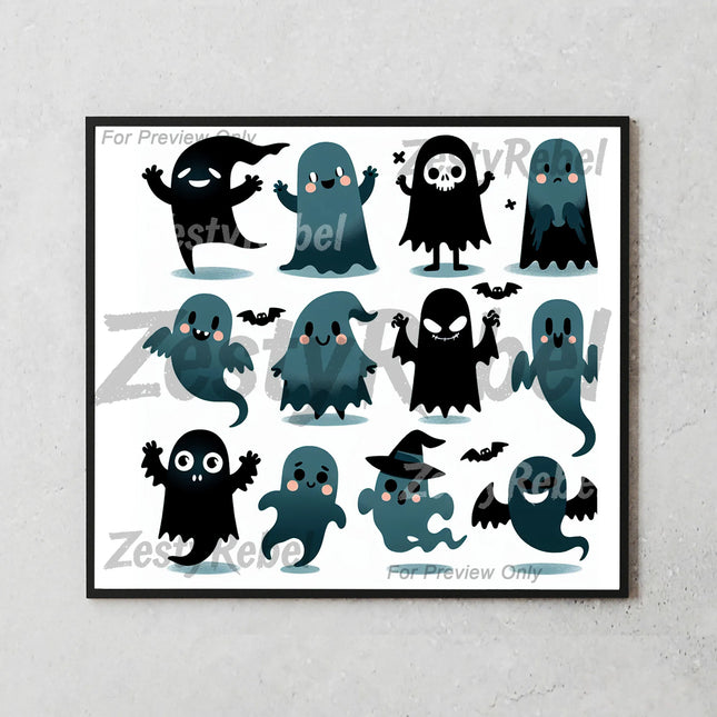 Printable PNG wrap featuring happy, shy, and mischievous ghosts – perfect for Halloween tumblers.