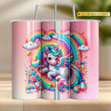 Cute unicorn tumbler wrap PNG with rainbow hair, clouds, and pastel hearts – perfect for 20oz sublimation crafts.