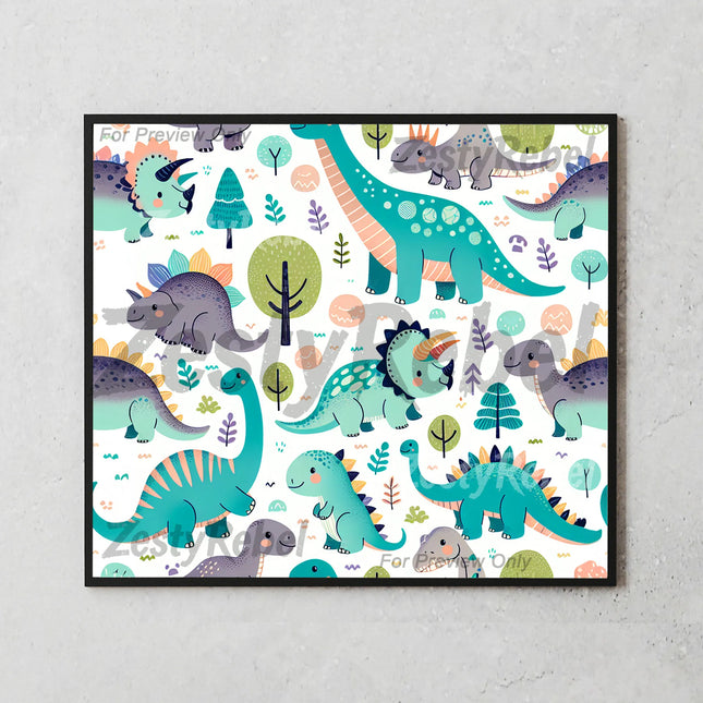 20oz tumbler wrap design with adorable dinosaurs, trees, and pastels for sublimation crafts and POD.
