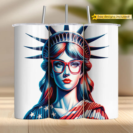 Bold tumbler wrap PNG of modern Lady Liberty with glasses in patriotic pop art style.