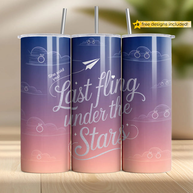 Fun sublimation wrap featuring “Last Fling Under the Stars” message with glitter letters and rings in clouds.