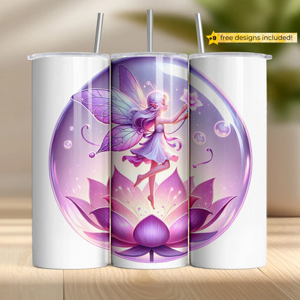 Enchanted tumbler wrap featuring a fairy flying over a glowing lavender lotus flower.