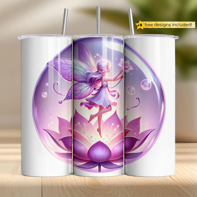 Enchanted tumbler wrap featuring a fairy flying over a glowing lavender lotus flower.