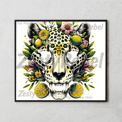 Sublimation wrap featuring bold leopard skull with lemons and floral jungle accents