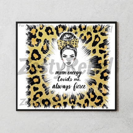 Mockup of 20oz skinny tumbler featuring confident mom with bun and leopard bow surrounded by glitter accents.