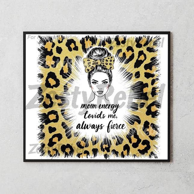 Mockup of 20oz skinny tumbler featuring confident mom with bun and leopard bow surrounded by glitter accents.