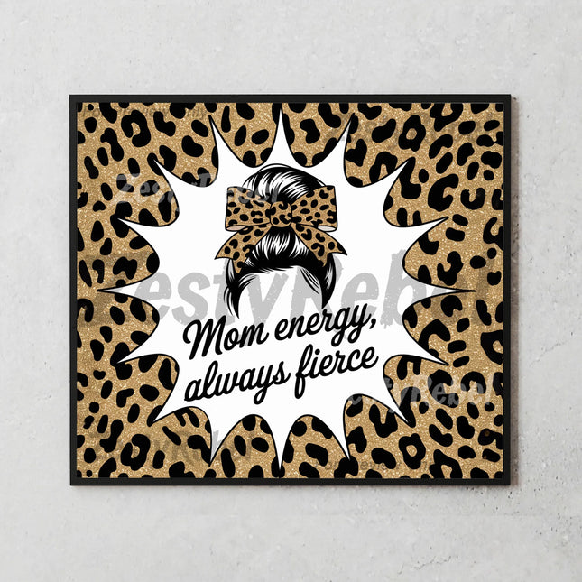 Mockup of 20oz skinny tumbler featuring glitter leopard bow and fierce mom quote sublimation design.