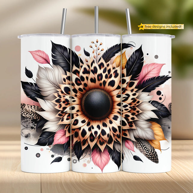 Tumbler wrap with bold leopard print sunflower, layered leaves, feathers, and soft boho accents.
