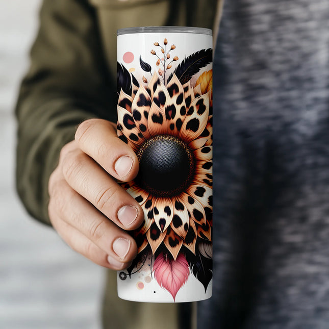 Close-up of leopard print sunflower petals, textured leaves, and artistic feather details.