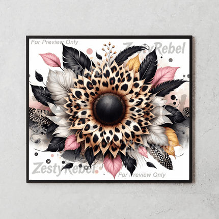 Flat PNG file layout of leopard sunflower tumbler wrap, designed for seamless 20oz sublimation printing.